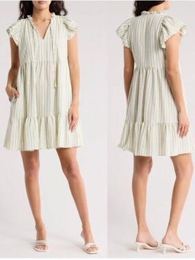 Eliza J Stripe Flutter Cap Sleeve Babydoll Dress New!